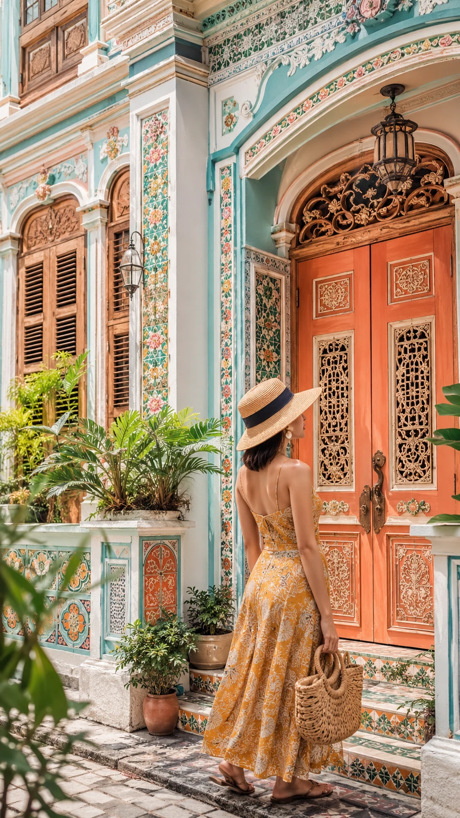 Colorful Peranakan shophouse facade with turquoise shutters and coral tiles in Malaysia