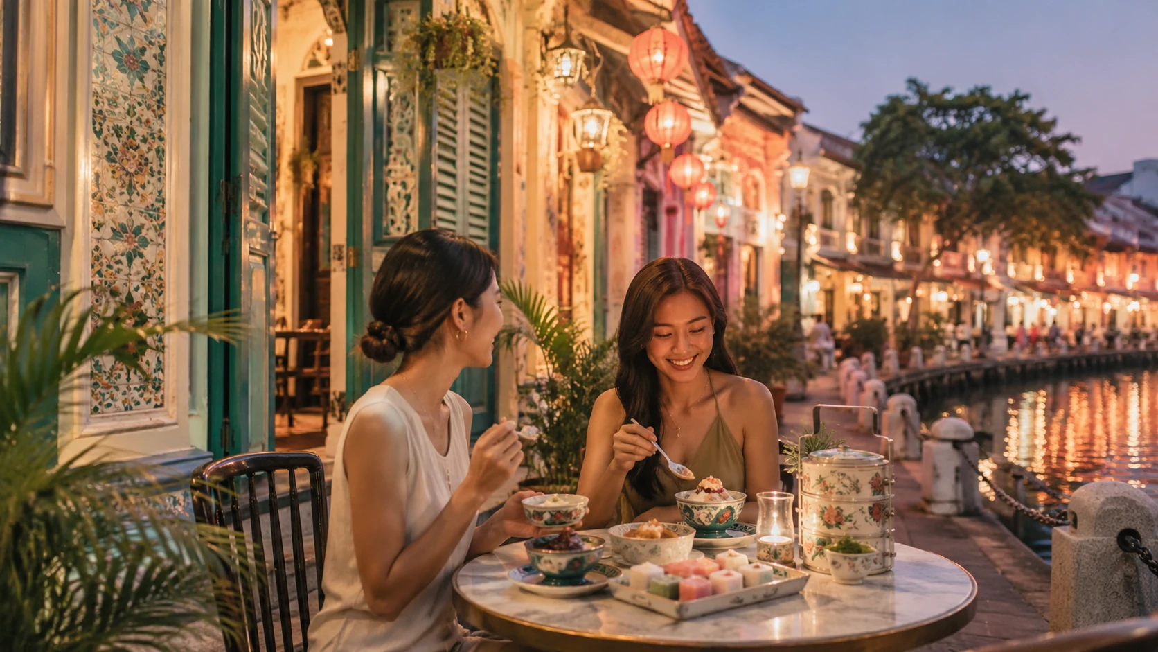 Travelers walking through George Town heritage streets at golden hour