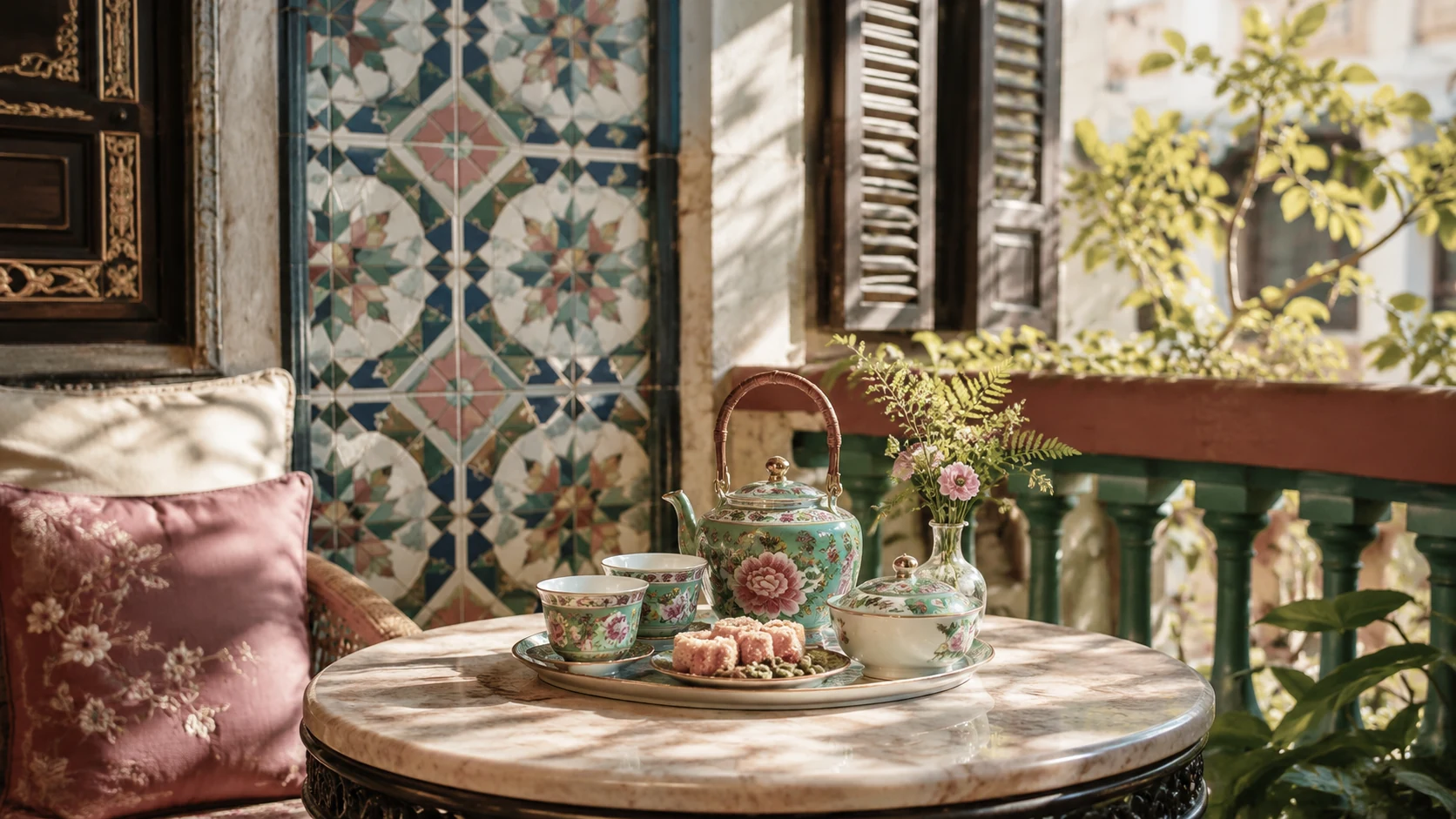 Close-up of turquoise coral and saffron Peranakan tile patterns