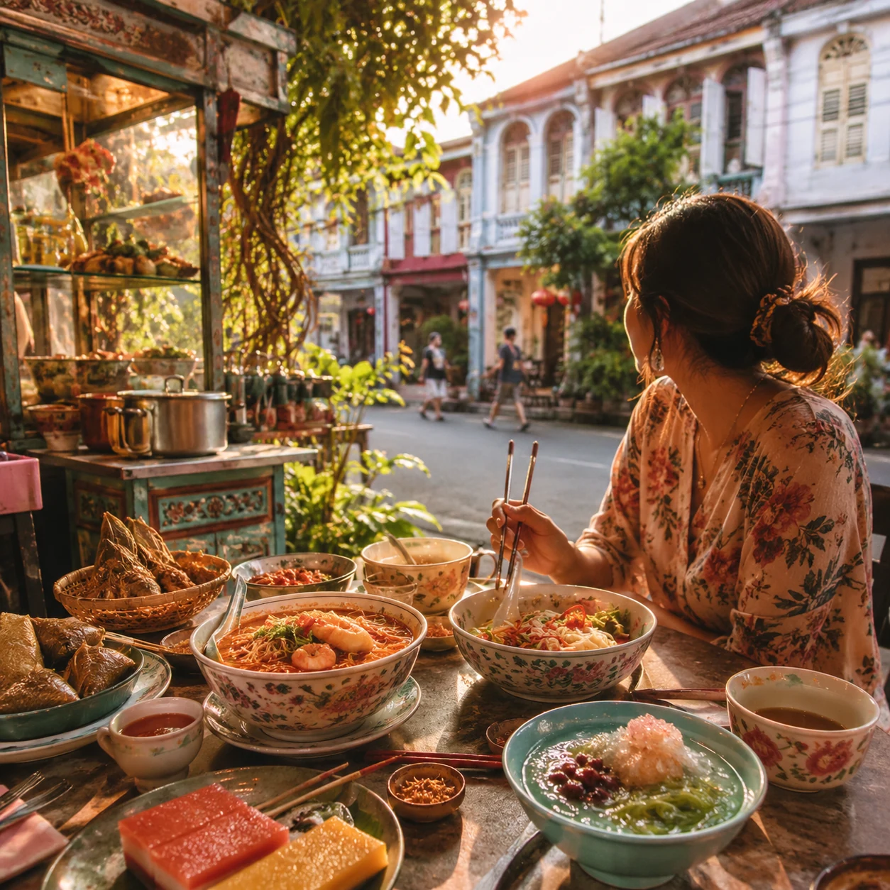 Nyonya street food bowls and heritage museum atmosphere in Melaka