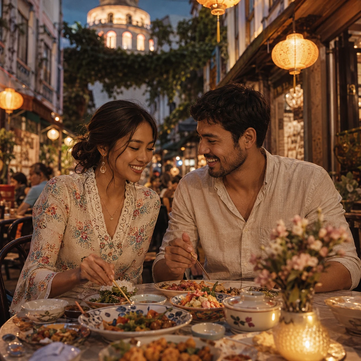 Couple exploring Peranakan tiles and food in Melaka